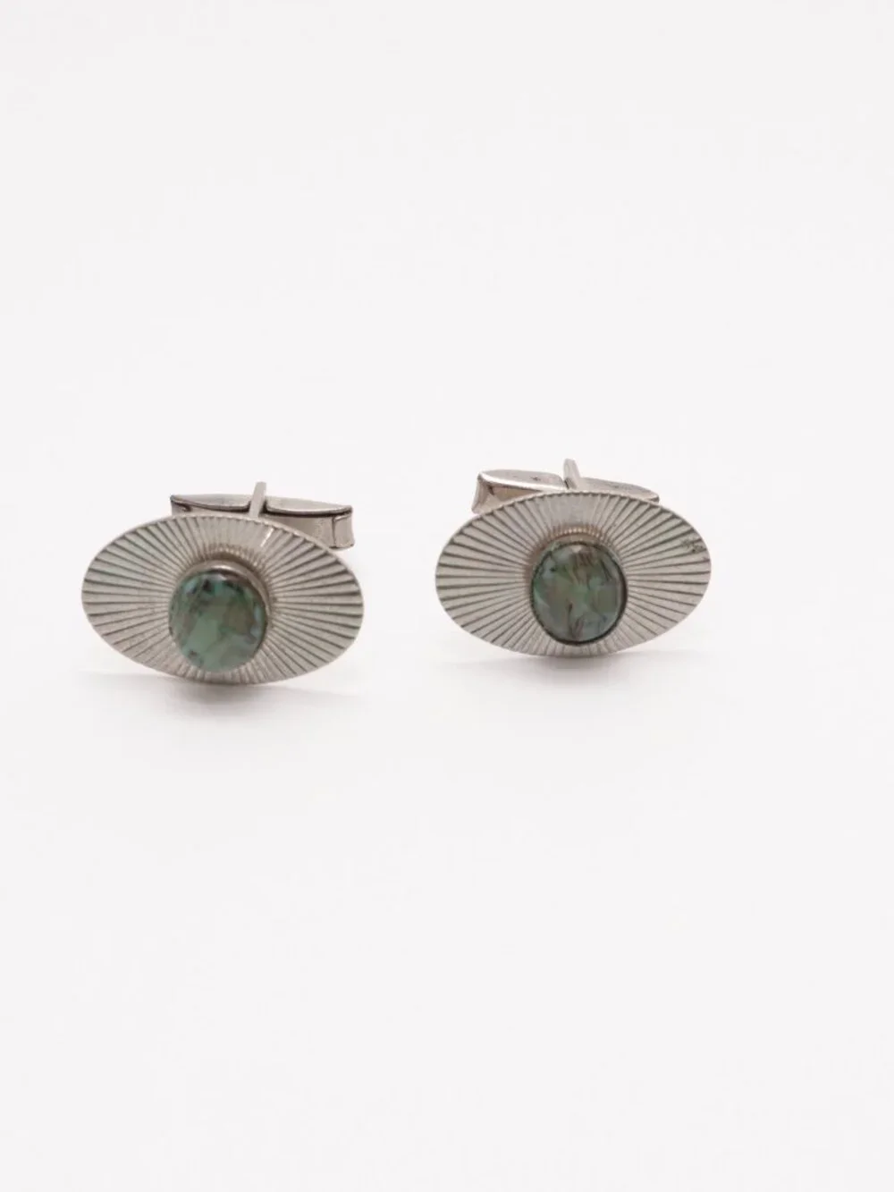 Vintage silver Tone CUFFLINKS Light Green Cabochon
